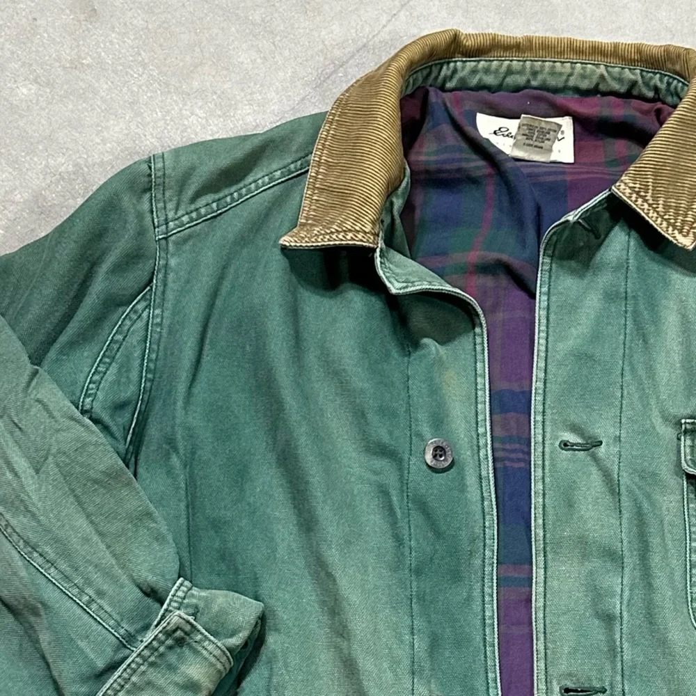 Vintage Distressed Eddie Bauer Faded Green Canvas Barn Chore Jacket Mens Large - Picture 3 of 10